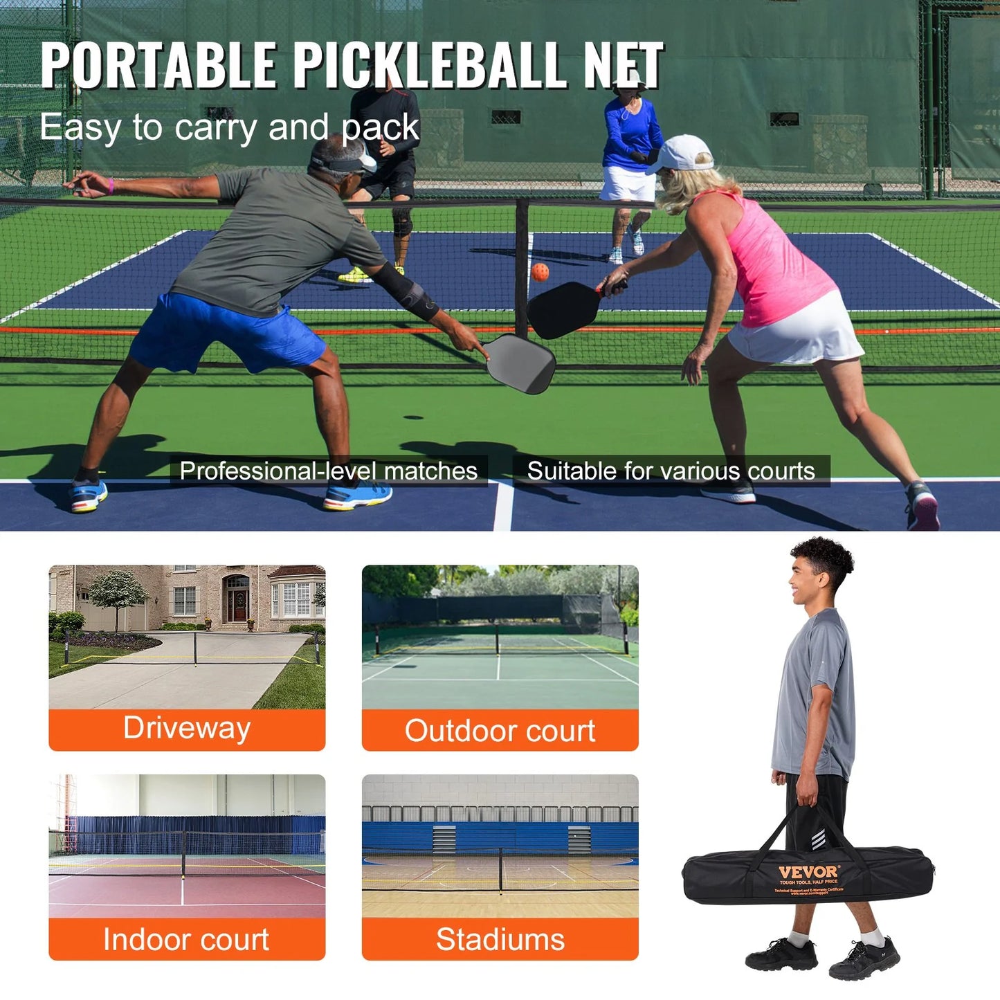 Portable Pickleball System with Carrying Bag & Balls & Paddles